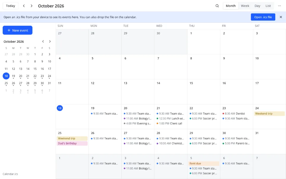 How to open ICS file online — the calendar with the hint bar and the Open .ics file button