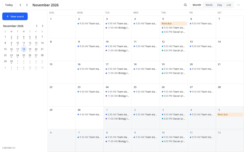 How to open ICS file online — the events of an opened file in the month view
