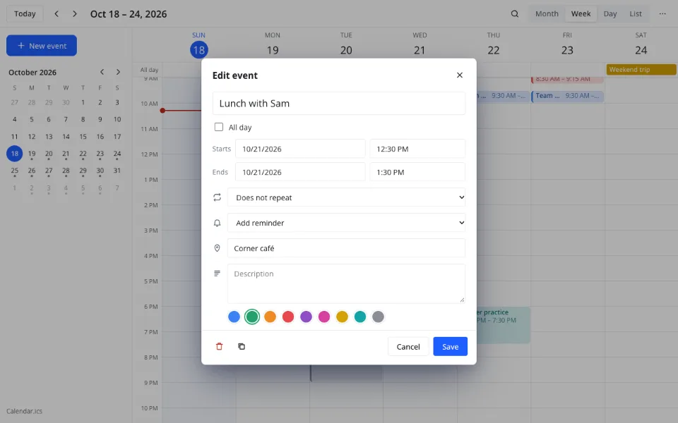 How to open ICS file online — one opened event and its form
