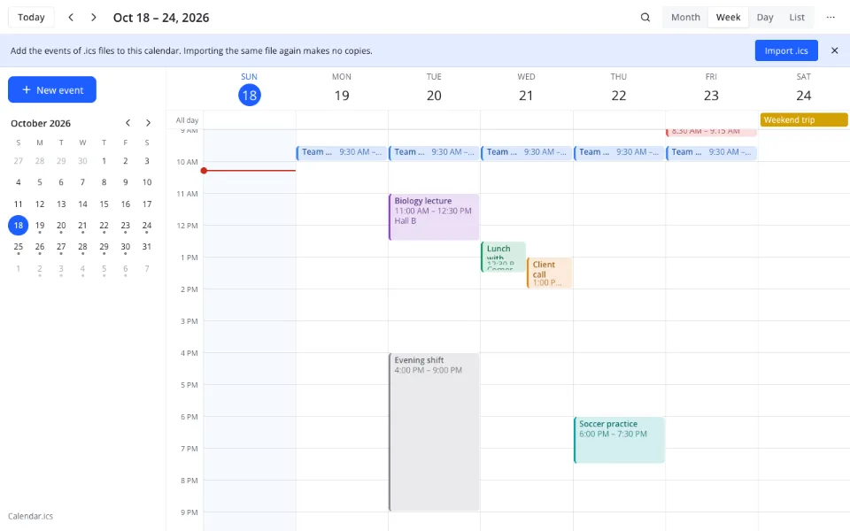 Import ICS calendar — the hint bar with Import .ics