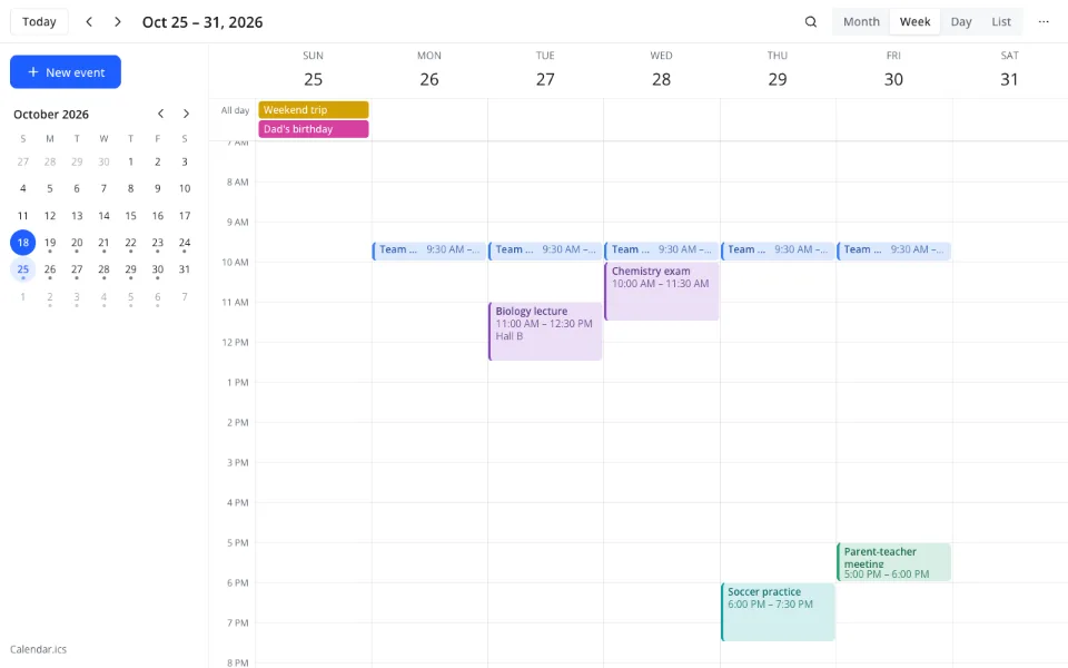 Import ICS calendar — events added to the week