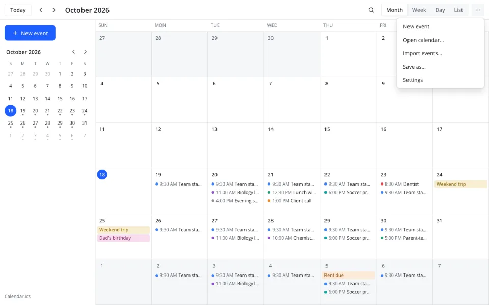 Import ICS calendar — the ⋯ menu with Import events… and Save as…
