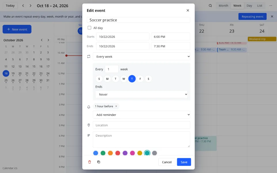 Recurring events calendar — the repeat options in the event form