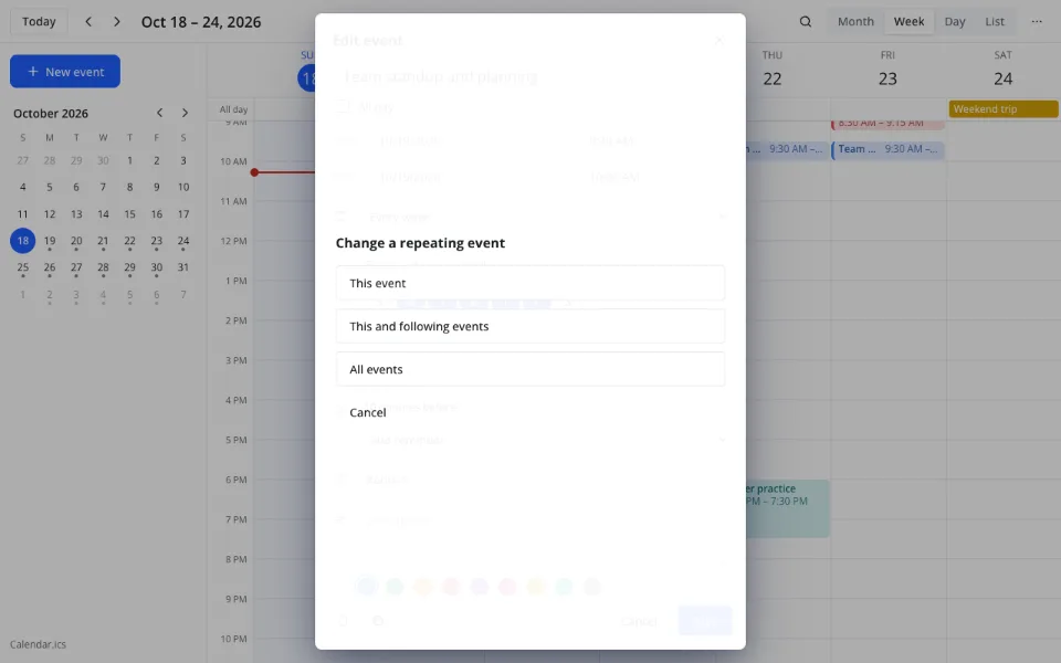 Recurring events calendar — the this event, this and following, all events choice