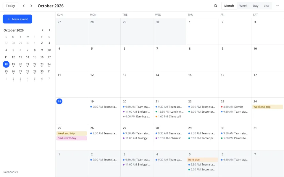 Recurring events calendar — a repeating series in the month view