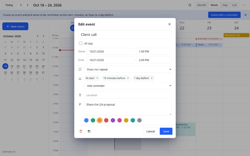 Calendar app that sends reminders — the event form with reminders