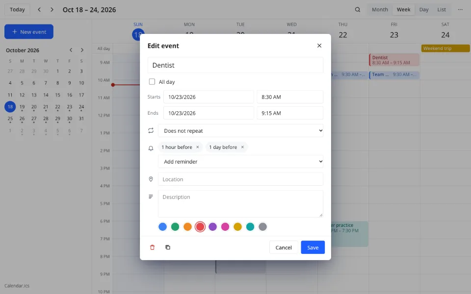 Calendar app that sends reminders — the reminder list choices