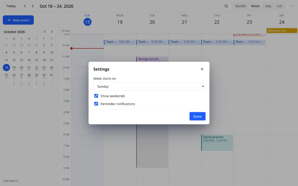 Calendar app that sends reminders — settings with the reminder notifications switch