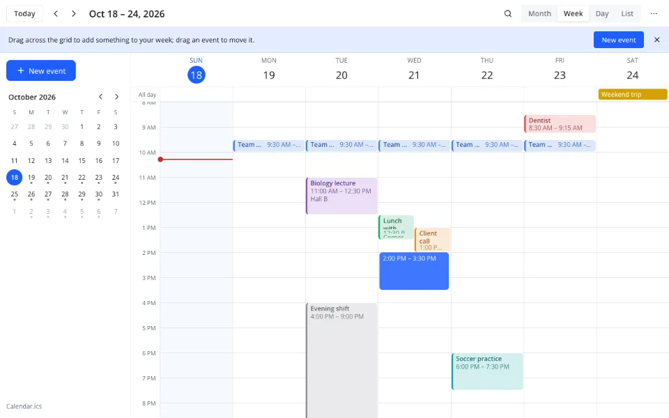 Weekly planner online — a selection being dragged in the week view